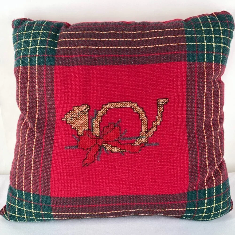 Red And Green Plaid Pillow With Horn
